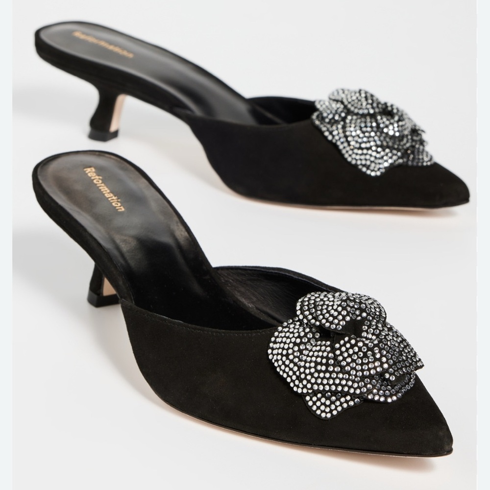 *Brand New * Reformation Wilda Kitten Mule Heels Black Rosette